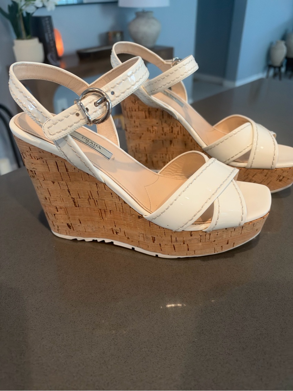 Prada patent leather cork heels Sz 8
